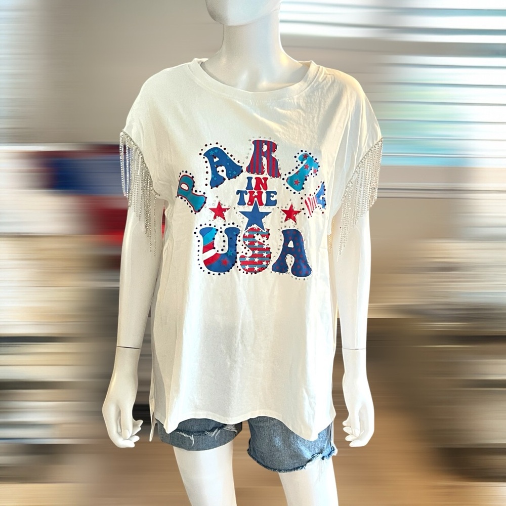 FANTASTIC FAWN White Fringe USA Graphic Tee S M L - Picture 5 of 9